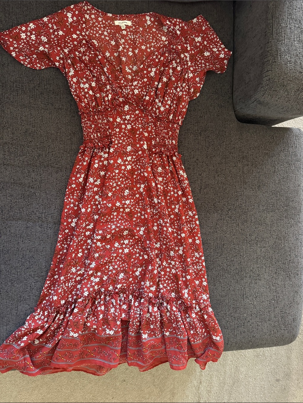 Max Studio Red Floral Smocked Midi Dress with Ruffle Hem